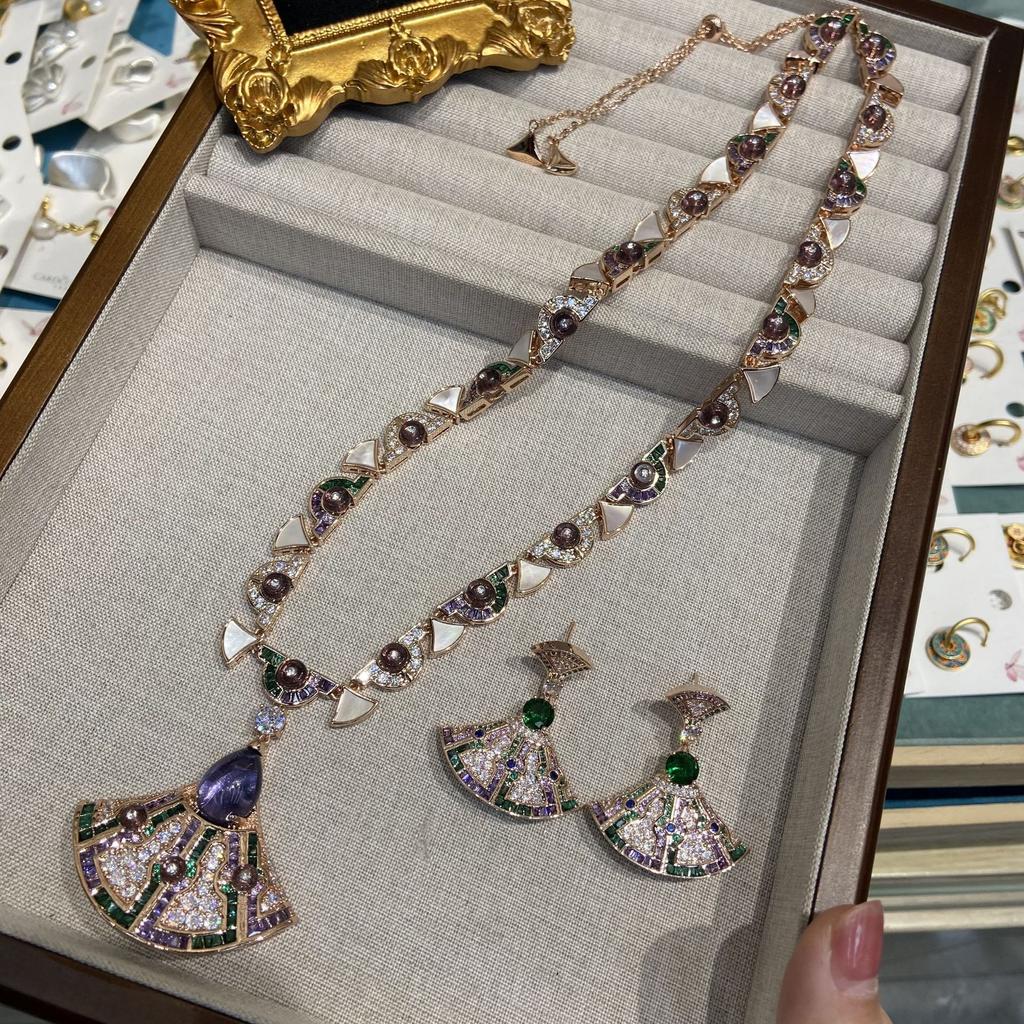 Trendy Winter Geometric Fan Suit Women'S Light Luxury Needle Micro-Inlaid Zircon Series Earrings Necklace