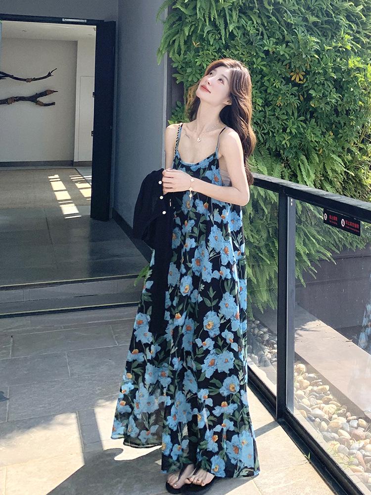 French Blue Floral Strappy Maxi Dress - Summer 2026 Women's Unique Design