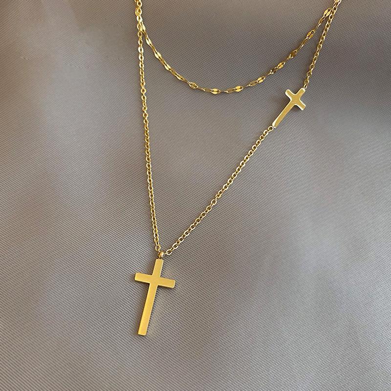 Stainless Steel Necklaces Cross Pendant Choker Multilayer Chain Double Stacked Wear Light Luxury Fine Necklace For Women Jewelry