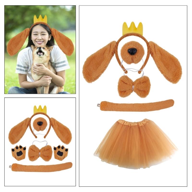 Dogs Ears Headband Dog Hair Hoop Set Plush Tail Bowtie Dog False Nose Brown Mesh Skirt Animal Dress Up Set