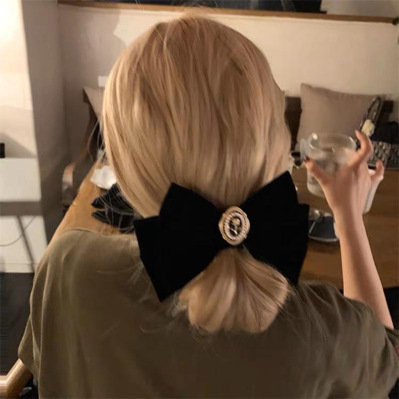 Nouvelles épingles à cheveux en velours noir avec nœud et ruban, élégantes pinces à cheveux camélia en tissu pour femmes, accessoires de coiffure tendance pour queue de cheval