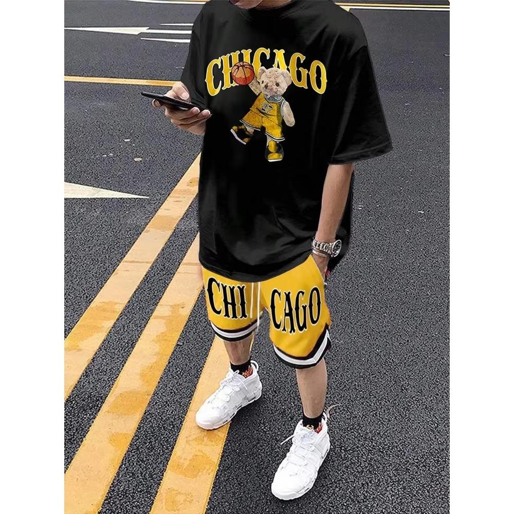Cartoon Bear 3D Printed Men's Round Neck Short Sleeve 2-piece Set Urban Street Trendy Men's Top Outdoor Men's Drawstring Shorts