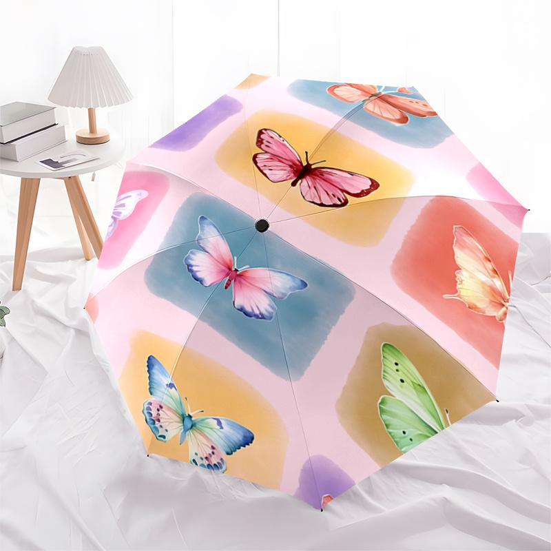 Colorful Butterfly Print Automatic Opening/Closing Umbrella with Foldable Design, Iron Frame Outdoor Rain Gear for Festivals, Travelers, Dai