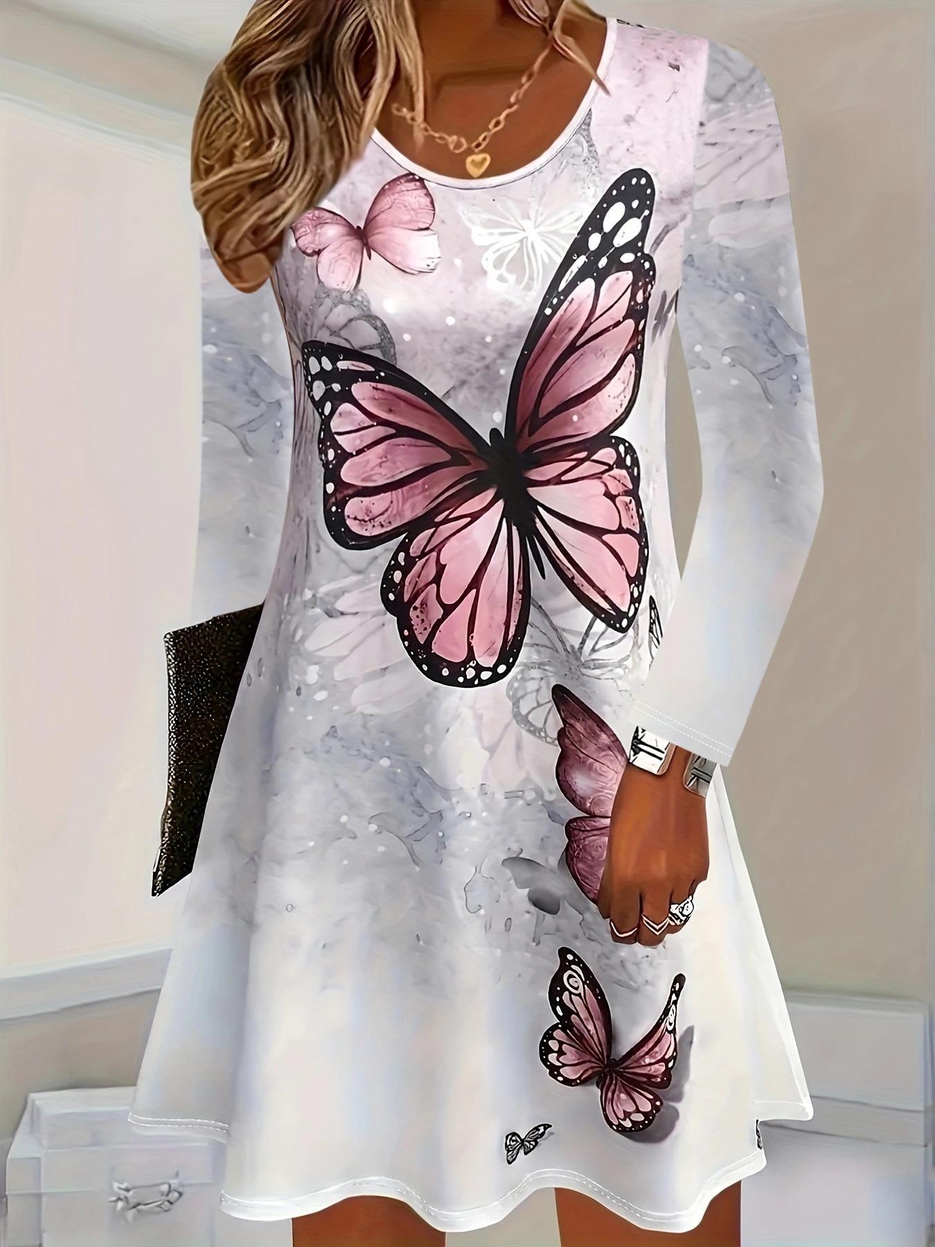 Elegant Butterfly Print Long Sleeve Dress - Women s Spring/Autumn Collection M белый