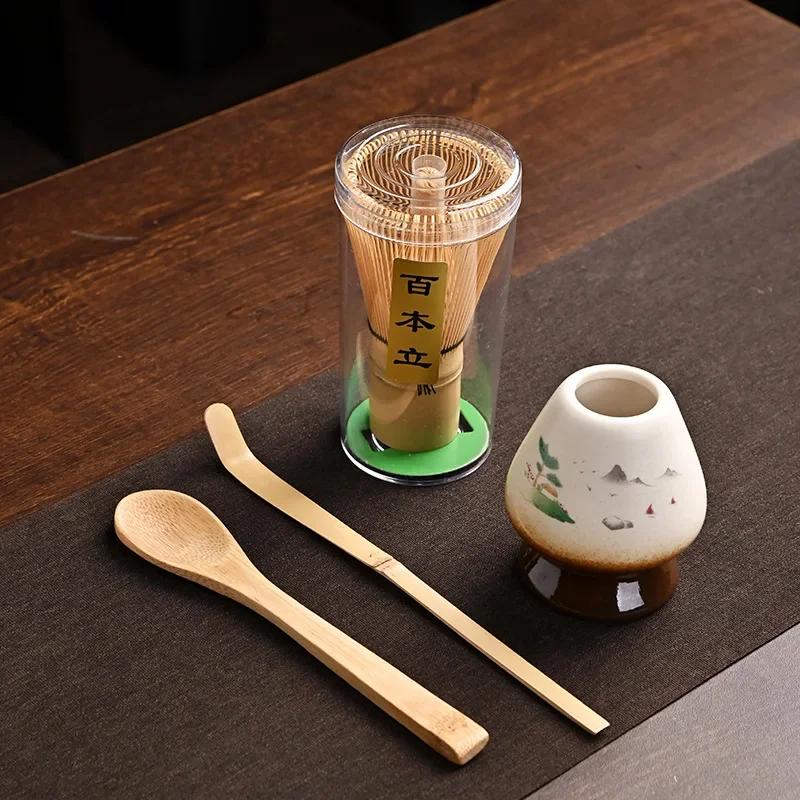 4 IN 1 Bamboo Matcha Powder Whisk Teaspoon Ceramic Bowl Tranditional Tea Matcha Whisk (Chasen)Sets Home Tea-making Accessories