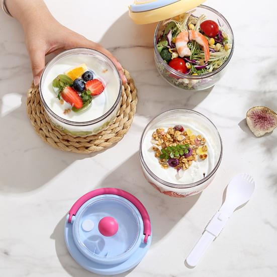 Portable Salad Bowl with Built-In Fork & Lid 600ml Double-Layer Plastic Jar for Overnight Oats Fruit Meal Prep Snack Container for Gym Picnic Office