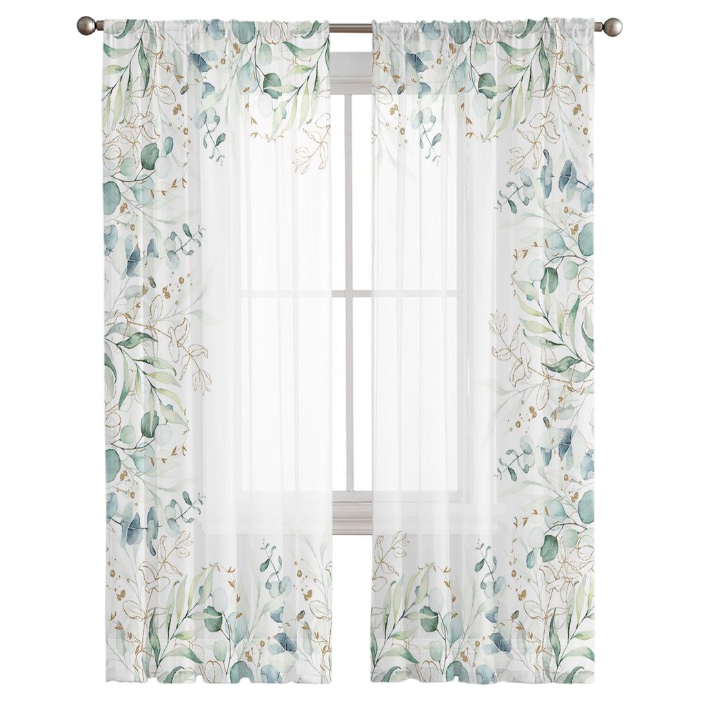 Watercolor Eucalyptus Leaves Sheer Curtains For Living Room Bedroom Home Decor Voile Drapes