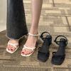 Small high heels female thick heel fairy style sandals with skirt summer French rhinestone cross strap Roman shoes