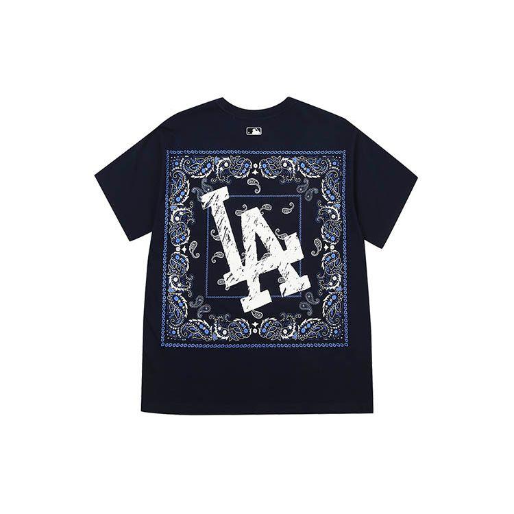 MLB Basic Logo Cashew Flower Series Printed Loose Casual Fashion Round Neck Short Sleeve T-Shirt Unisex Tops Navy-Blue 31TSHP131-07N