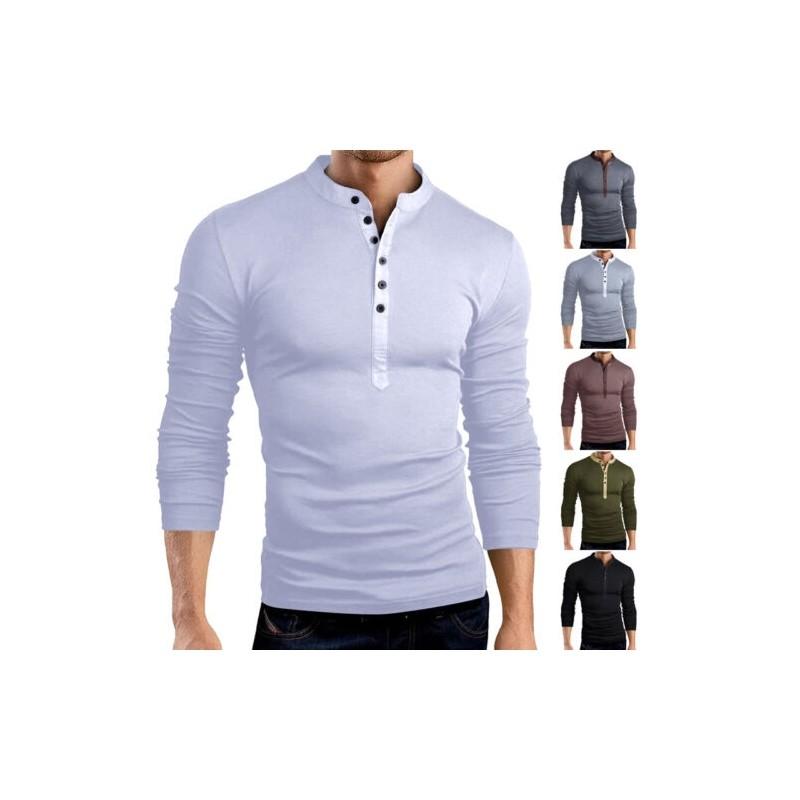 Premium Quality T-shirt Men Fashion Button Front Long Sleeve V-neck Solid Casual Slim Fit