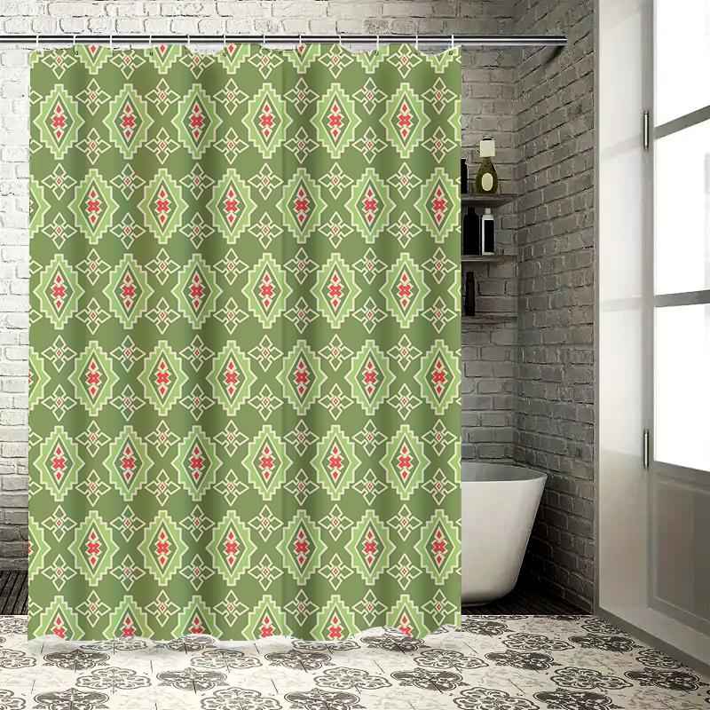 Green Geometric Shower Curtain Waterproof Bathroom Decor Modern Floral Print Home Decor Privacy Screen Customizable Size For You