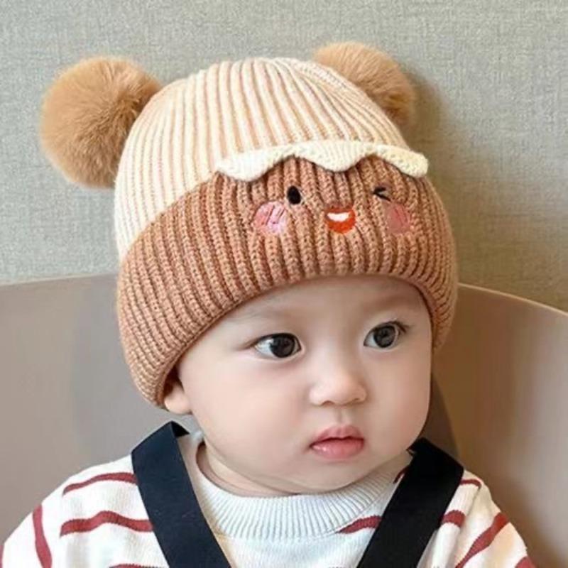 Baby autumn and winter cute cartoon warm hairball wool hat boys and girls baby ear protection hat children pullover knitted hat