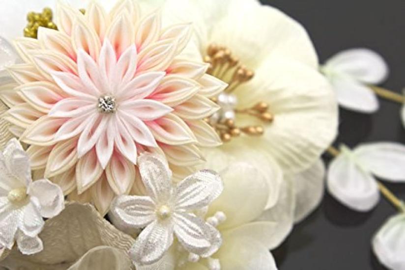 (Soubien) Hair Ornament Set of 2: Flower, Tsumami-zaiku (traditional Japanese fabric flower making), Mizuhiki (decorative cord), Glitter, Corsage,