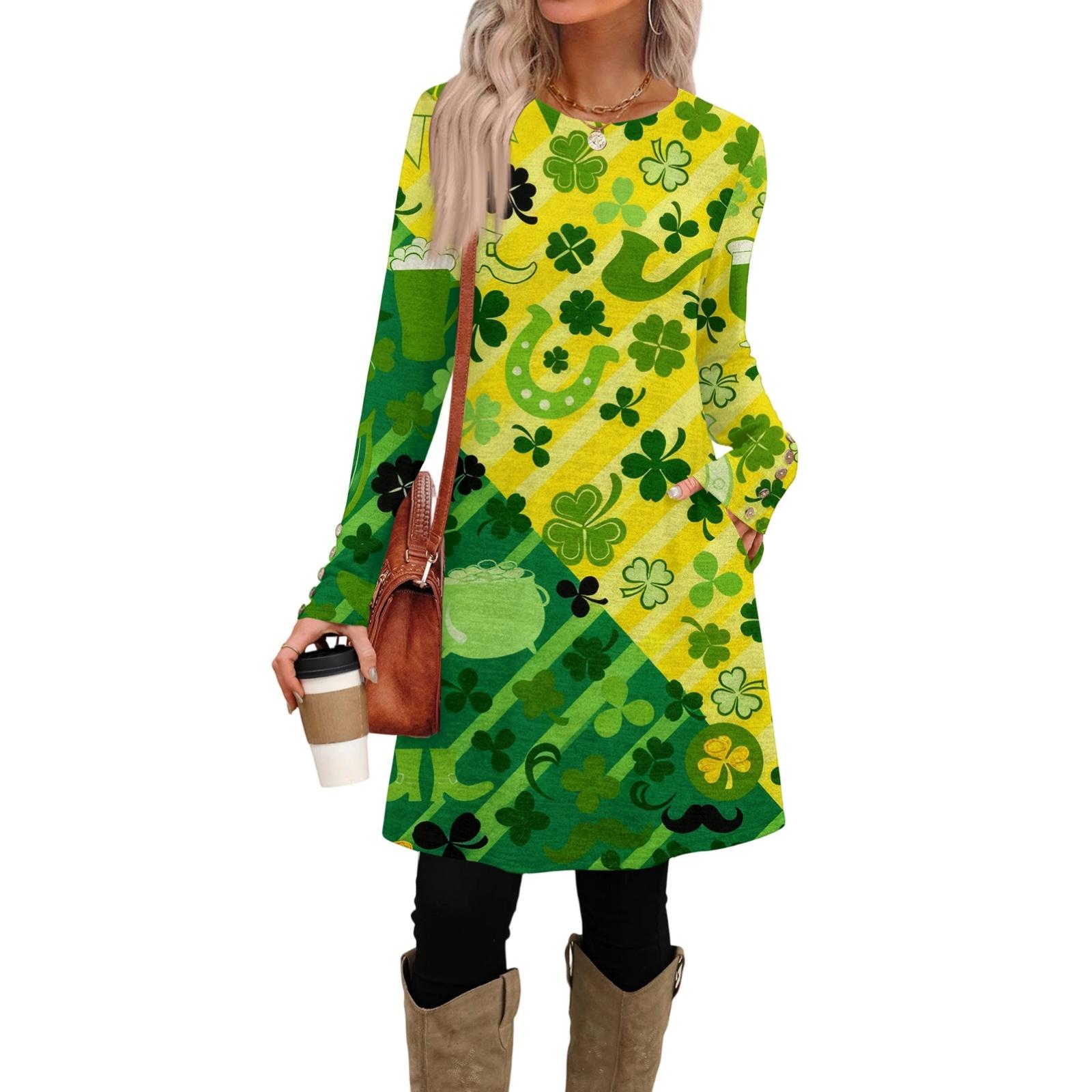 Women s fashion casual pocket decorative button dress round neck long sleeve printed dress XL