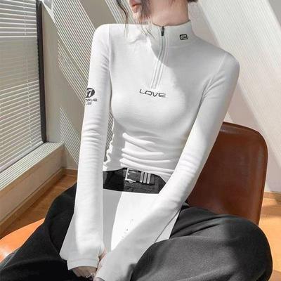 Maglia a maniche lunghe da donna con mezza zip e colletto alto, top casual a pullover, tendenza primaverile