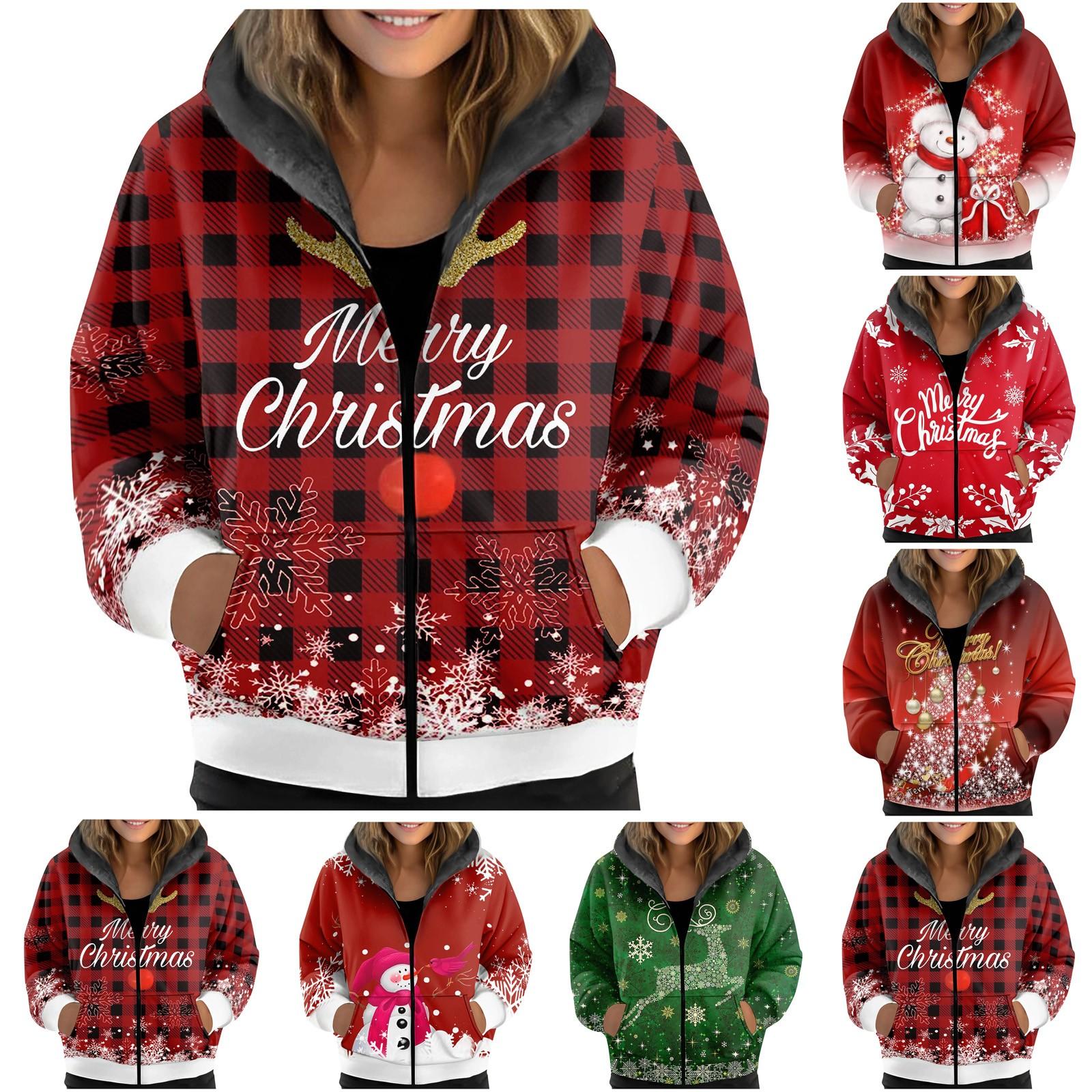 

Женская зимняя бархатная утолщенная куртка с капюшоном и рождественским принтом