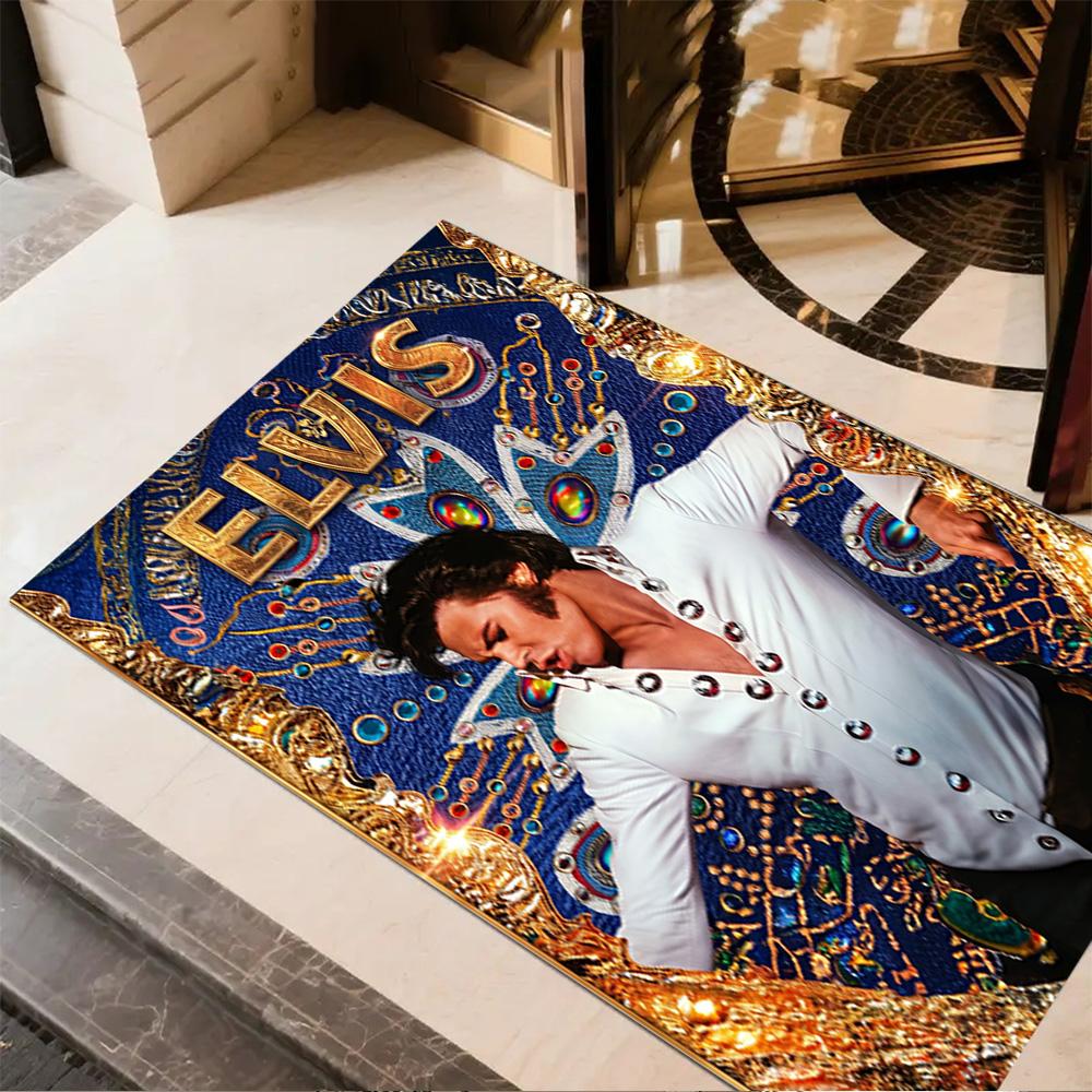 Golden Elvis Anniversary Floor Mat Design for Dining Room Study room Entryway Balcony Antislip Carpet Anime Office Decor Wedding Party Gift