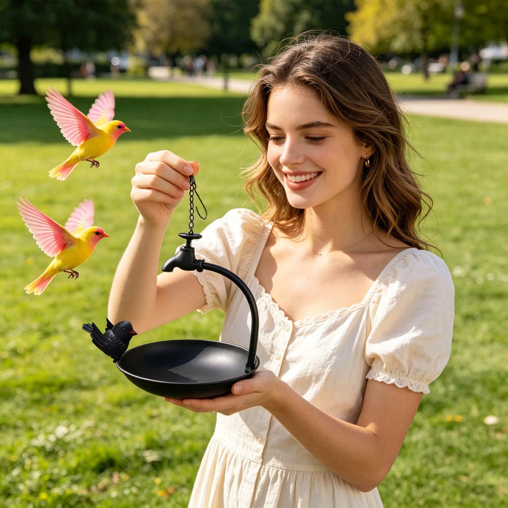 Outdoor Hanging Metal Bird Feeder with Decorative Faucet and Bird Design Hanging Chain for Garden Patio Backyard