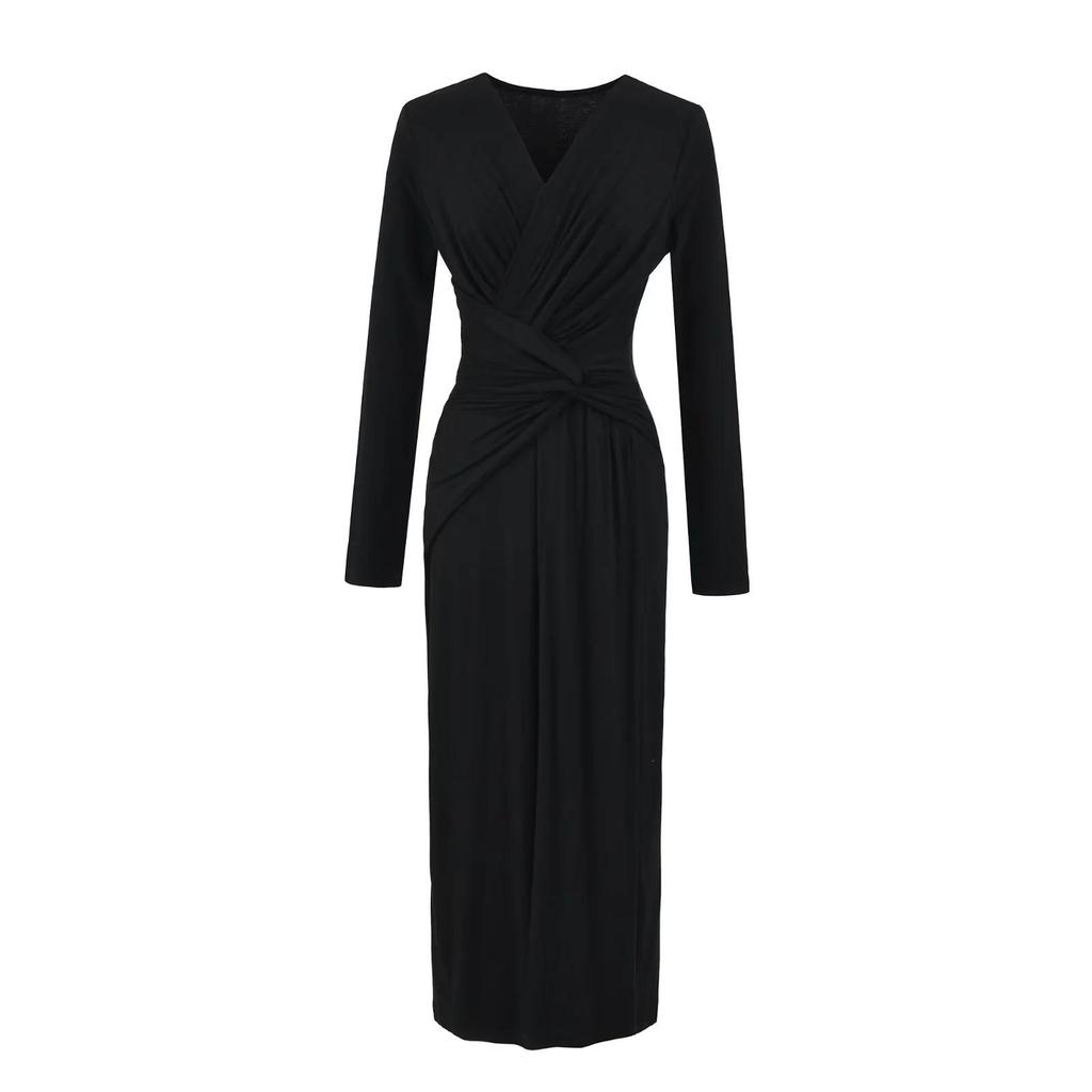 Elegant French Deep V-Neck Twisted Long-Sleeve Dress - Slimming Waist, Hip-Hugging Fit for Spring & Autumn