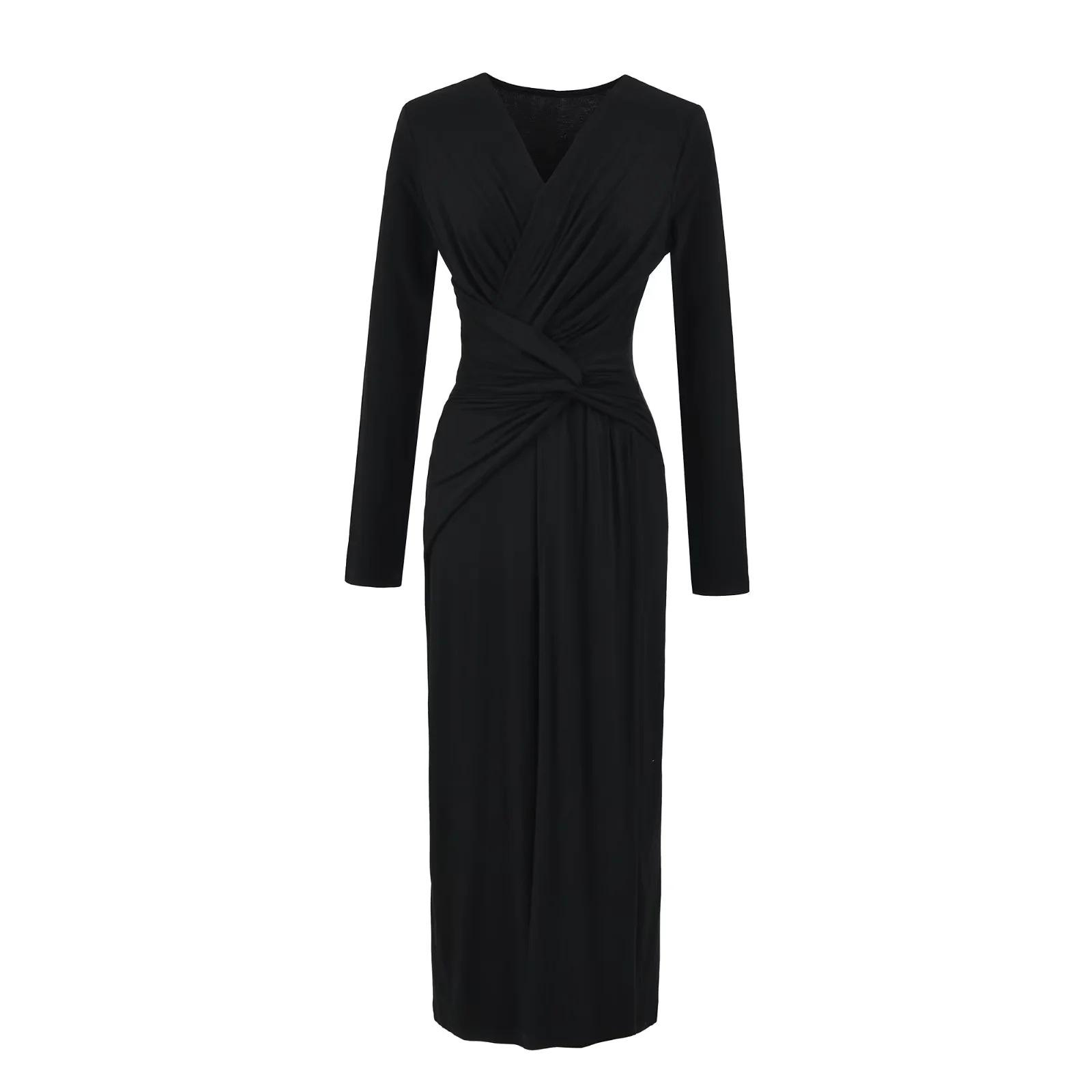 Elegant French Deep V-Neck Twisted Long-Sleeve Dress - Slimming Waist, Hip-Hugging Fit for Spring & Autumn Small чёрный