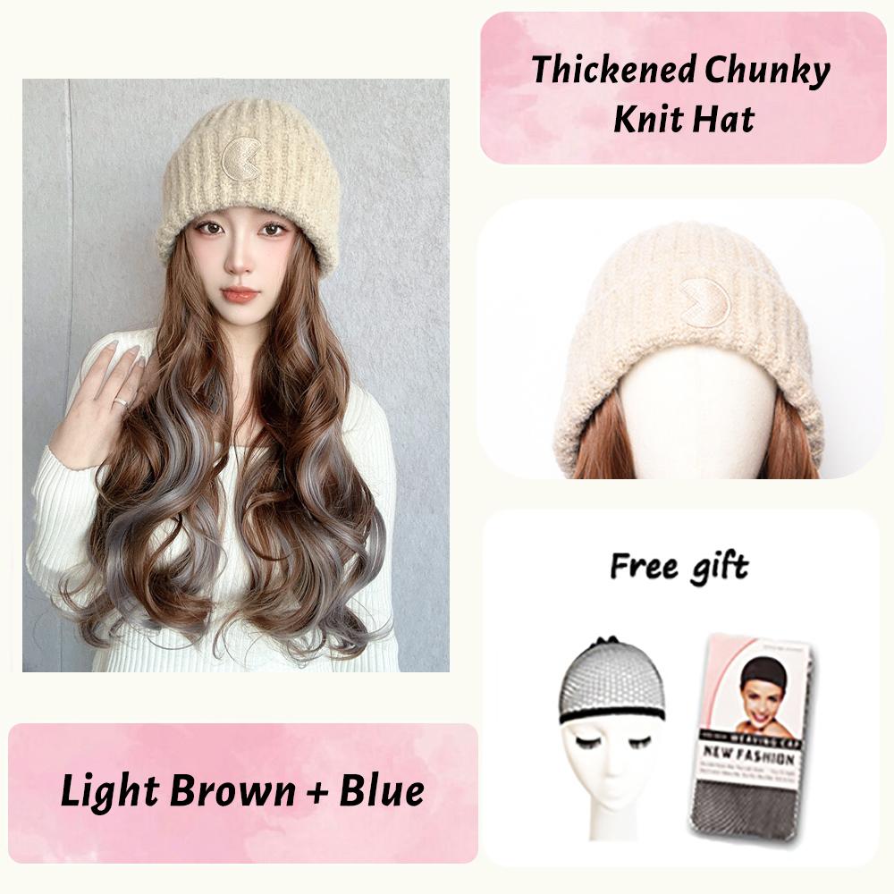 Knitting And Velvet Wig Hat for Autumn And Winter High Temperature Resistant Synthetic Long Curly Hair Fashion