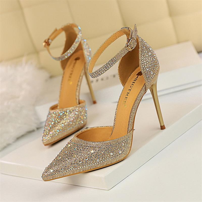 Fashion Women Shallow Mouth Pointed Toe Hollow High Heels Sandals Wedding Champagne Gold Pumps Crystal Glitter Rhinestone Sandals