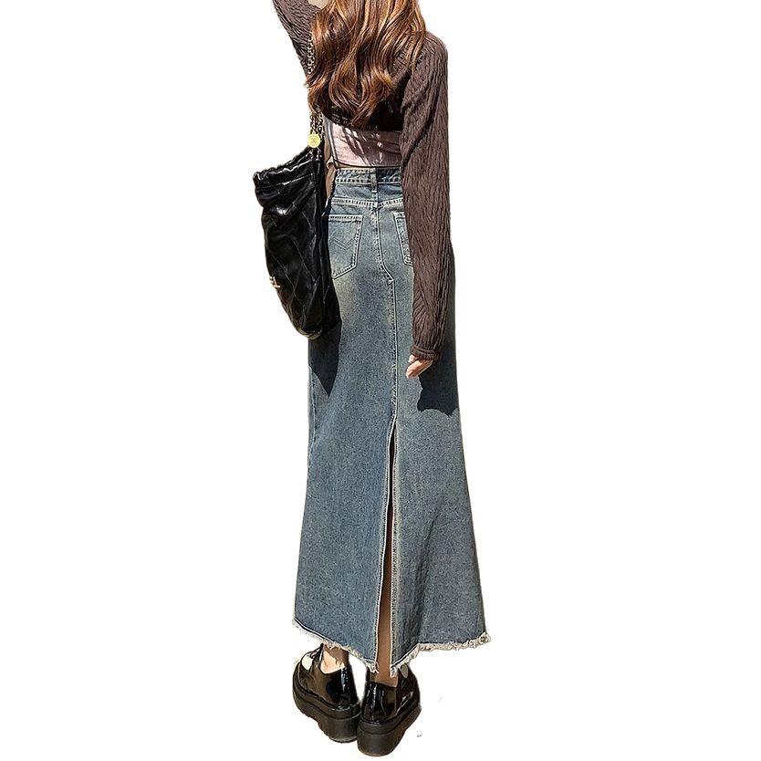 Spring 2025 High-Waist Denim Fishtail Midi Skirt: Trendy Slimming Hip Skirt for Women