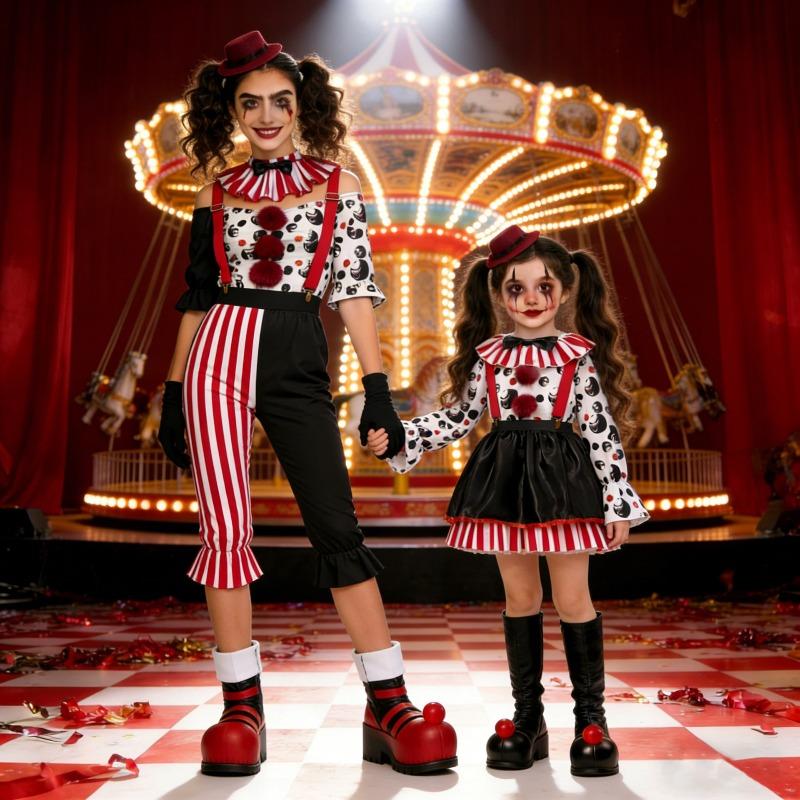 Costume parent-enfant clown de cirque d'Halloween, costume de performance scénique clown d'horreur costume de fête costume de bébé fantôme