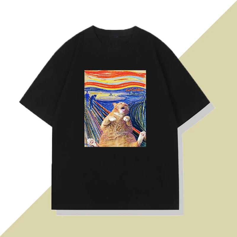 

Fat Cat Oil Painting Printed Women s Top T-shirt Summer Casual Humor Funny Oversize Short Sleeve T-shirt for Women M чорний