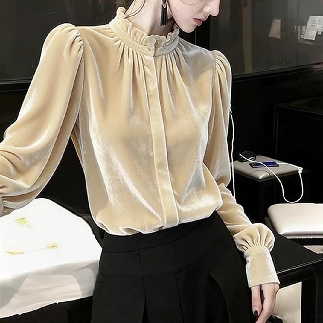 

Women s French Velvet Shirt with Wood Ear Collar - Light Luxury, Casual, Loose, Slimming, Versatile Top for Autumn/Winter XXXL