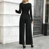 Women's Elegant Black Contrast Trim Double Breasted Wide Leg Jumpsuit