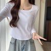 Curved hem square neck long-sleeved T-shirt for women in autumn new hot girl slimming short style layered with clothes