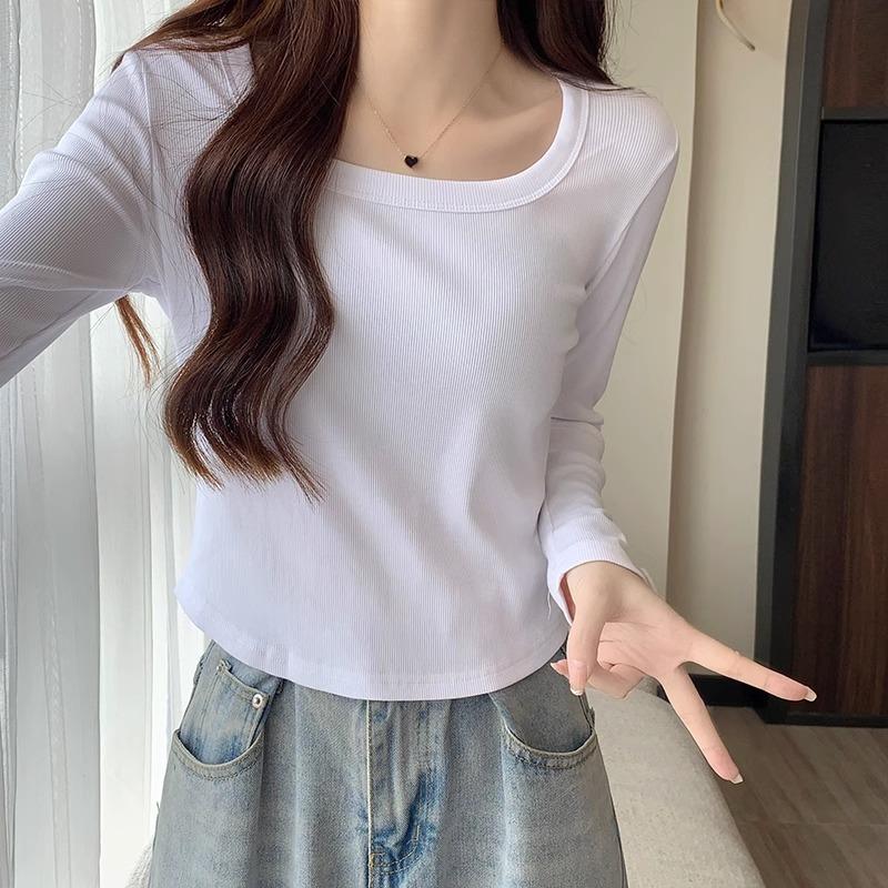 Curved hem square neck long-sleeved T-shirt for women in autumn new hot girl slimming short style layered with clothes