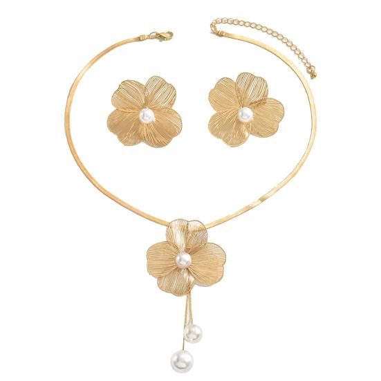 

2Pcs/Set Women Necklace Earrings Set Hollow Flower Shape Imitation Pearl Decor Stud Earrings Adjustable Length Choker Necklace Set золотистый