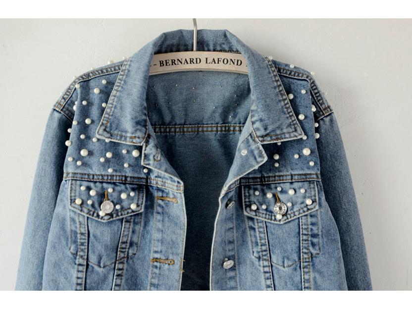 Jachetă de blugi cu mărime plus pentru femei, cu mărgele și strasuri - Trendy, largă, stil studențesc