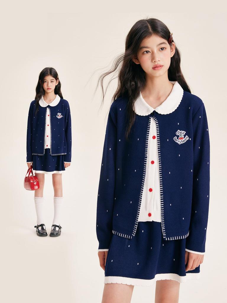 Barry Banny Strick Lang Rund Marineblau Gepunktet Bestickt Faux Niedlich und Stilvoll Größe 160 Kinder Strickjacke, Mantel, Mädchenpullover, Ärmel, Kragen, Punkte, Schicht,