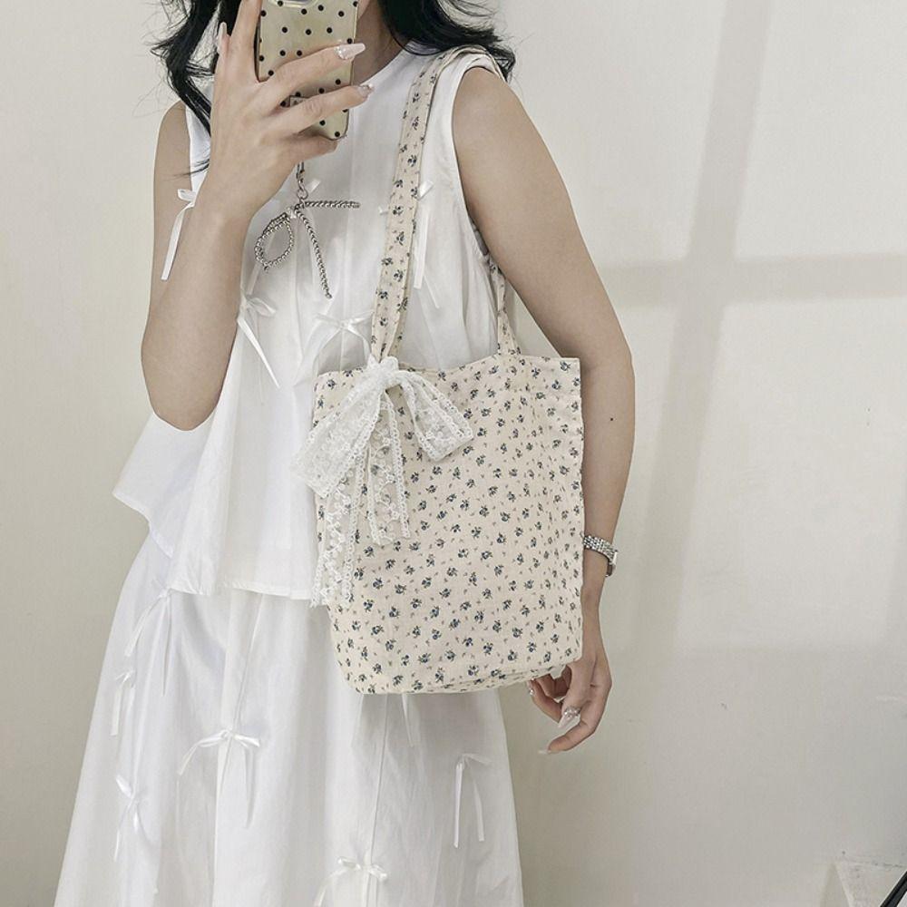 French Style Bow Lace Ribbons Bag Commute Women's Tote Bag Ins Flower Shoulder Bag Girls