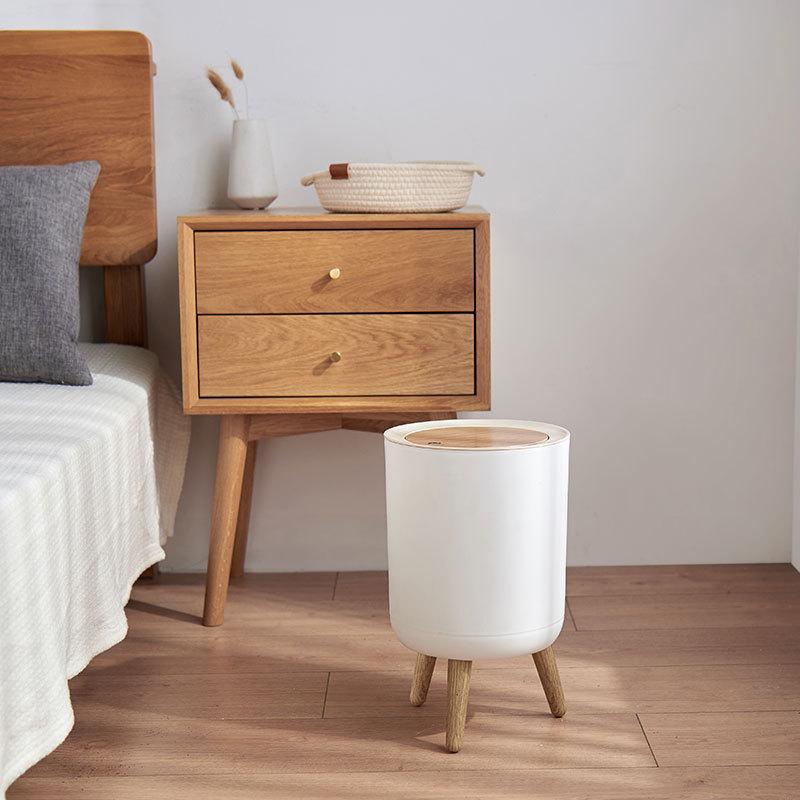 Wooden High Foot Trash Can For Bathroom Creative Kitchen Wastebin with Press Cover Living Room Toilet Garbage Container