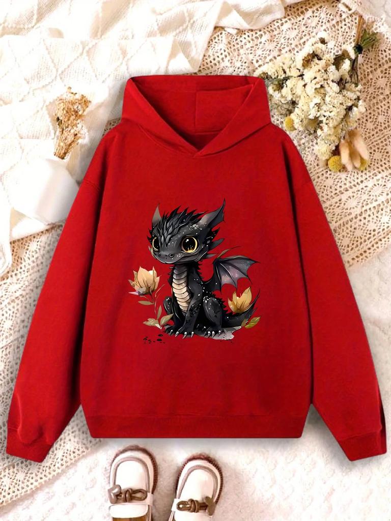 Stylowa bluza z kapturem dla dzieci z długim rękawem i nadrukiem małego smoka w stylu fantasy, luźny, wygodny krój do szkoły i na jesienne rodzinne wycieczki na świeże powietrze.