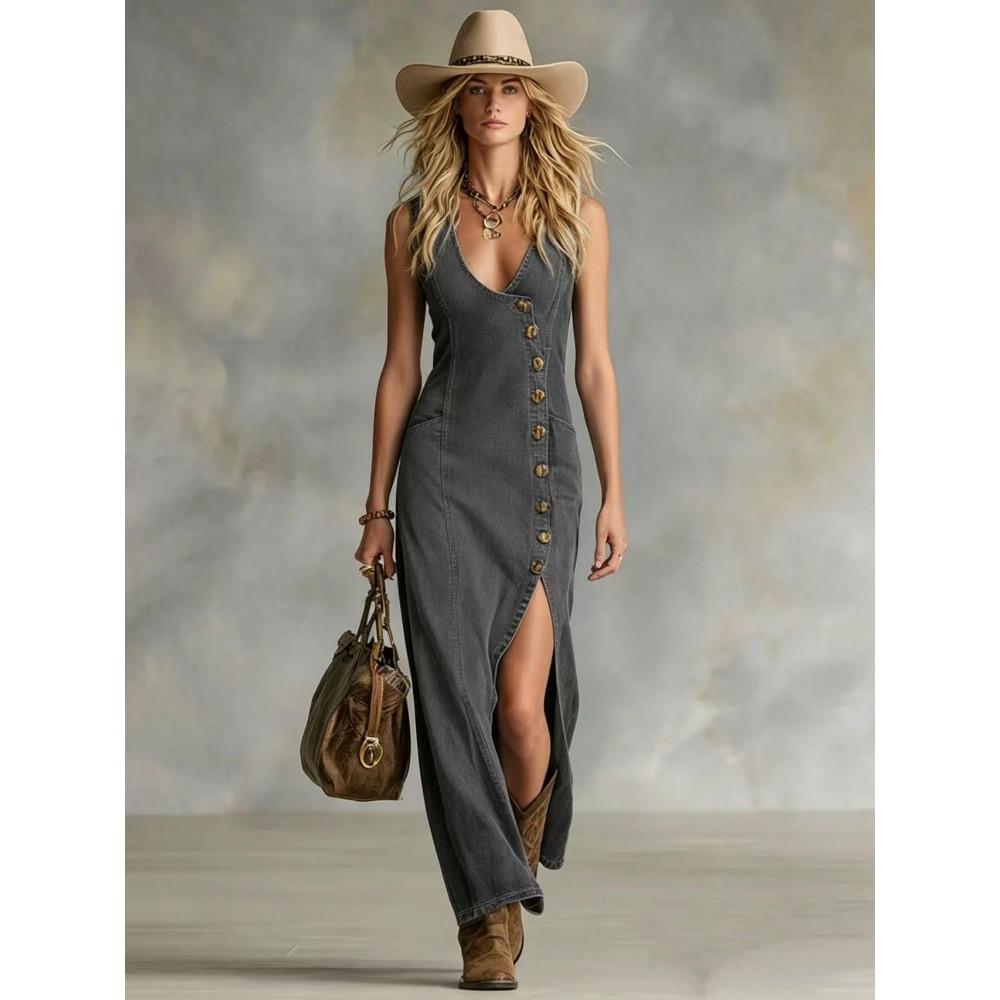 Spring/summer Buttoned Sleeveless Denim Dress, Vintage Fashionable Slimming Dress for Women