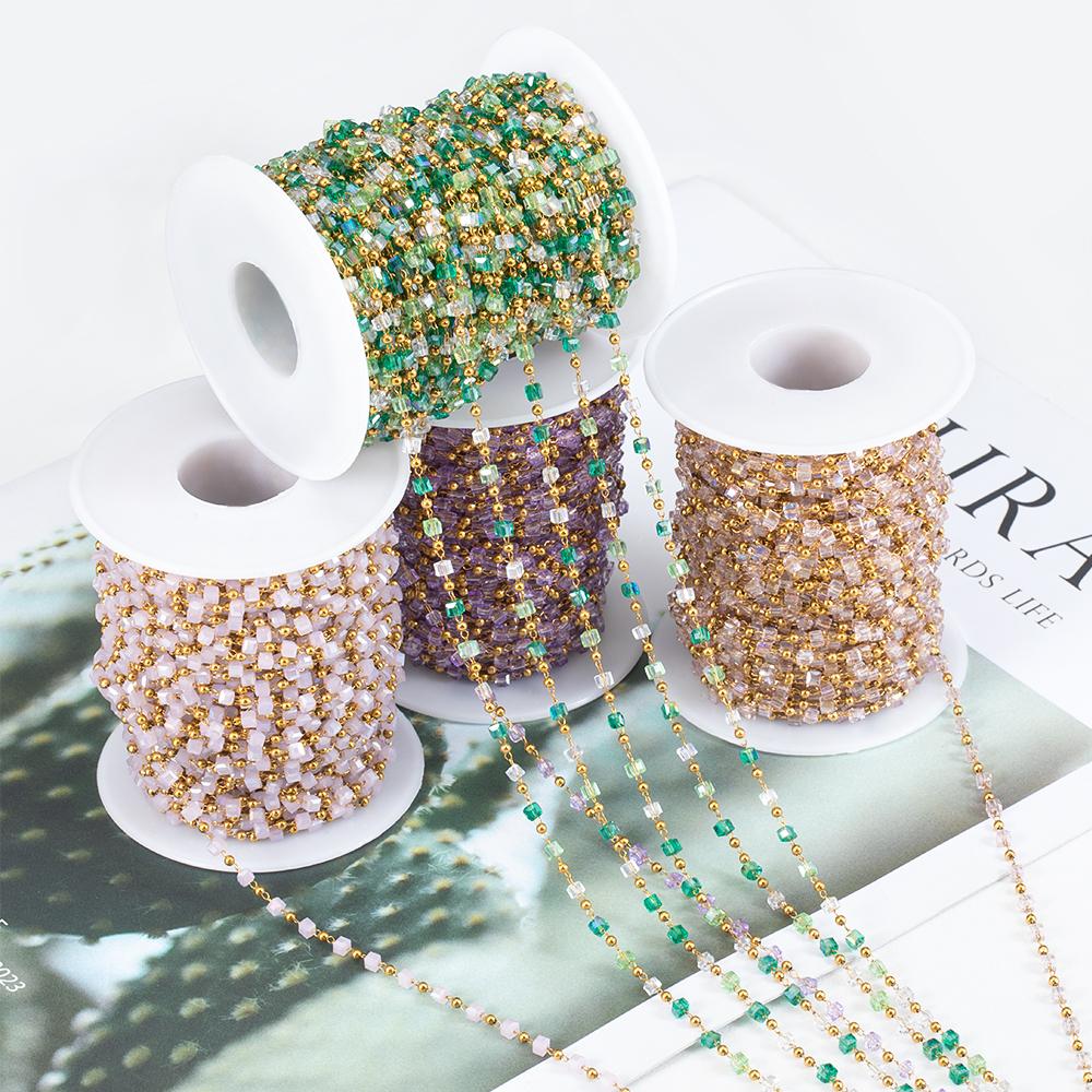 1Meter Stainless Steel Chain Boho Colorful Cube Square Crystal Beads Chain for DIY Necklaces Bracelets Holiday Jewelry Making