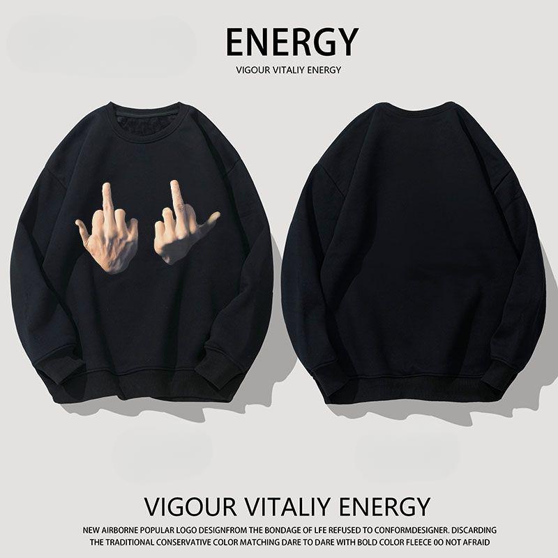 American High Street Friendly Middle Finger Loose Round Neck Sweater Unisex Autumn/Winter Trendy Sweatshirt