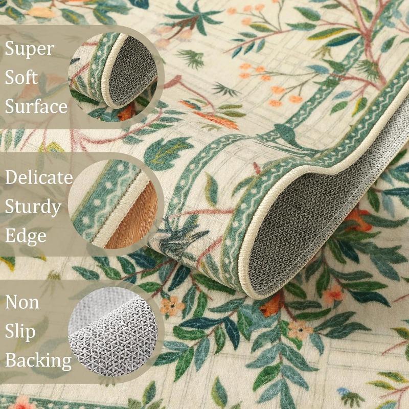 Dark Green Floral Carpet for Living Room Soft Non-Slip Machine Washable Floor Mats Botanical Print Indoor Nursery Bedroom Rug