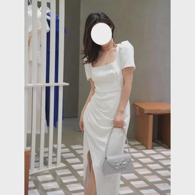 Retro Elegantes Quadratischer Ausschnitt Plissiertes Midi-Kleid mit Puffärmeln und Schlitz