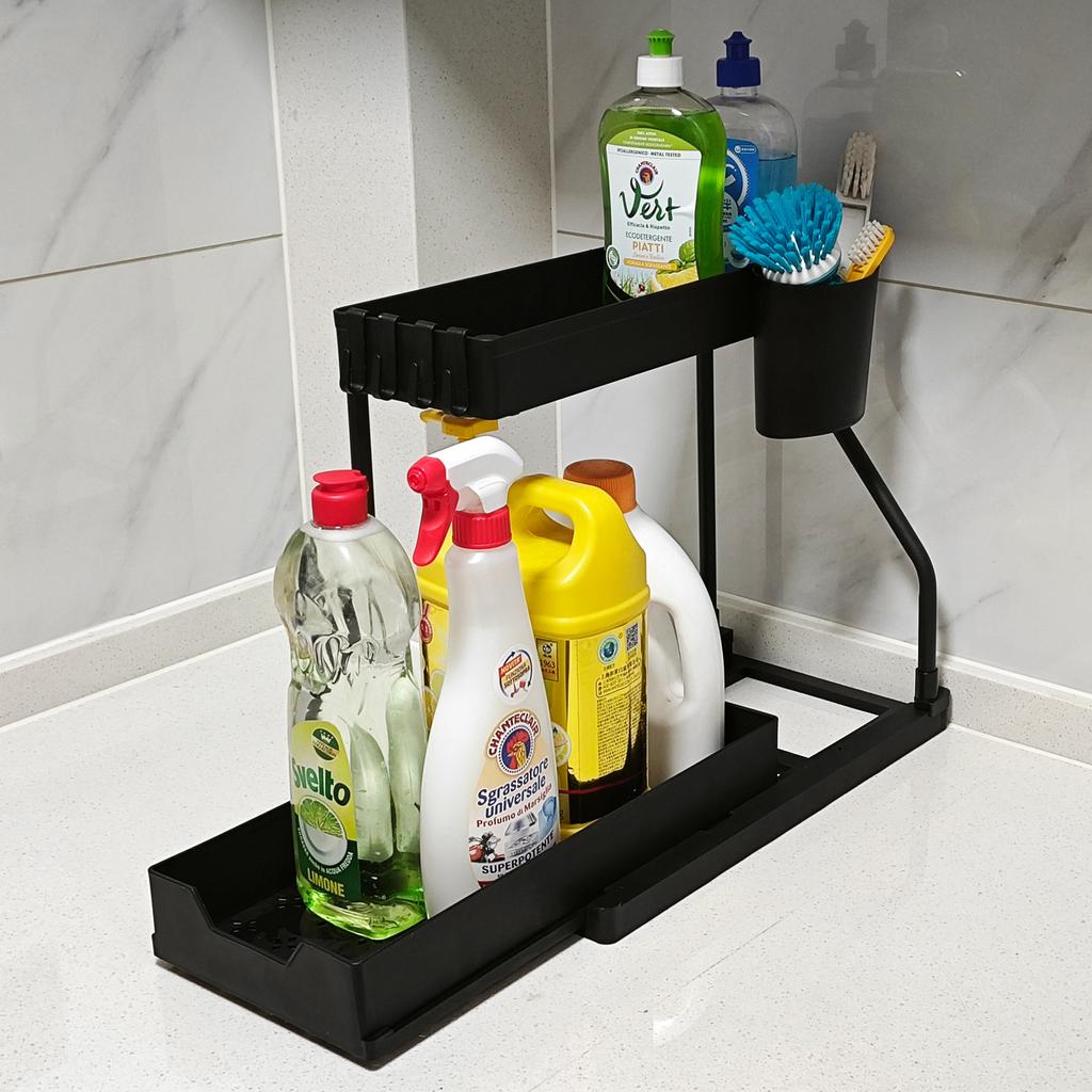Under Sink Organizer 2-Tier L-Shape Sliding Under Sink Organizers and Storage, Pull Out Under Sink Counter Storage Organizer