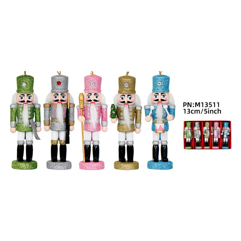 1/5Pcs Holiday Small Hanging Decoration 13Cm Colorful Glitter Nutcracker Soldier Puppets Christmas Wooden Ornaments