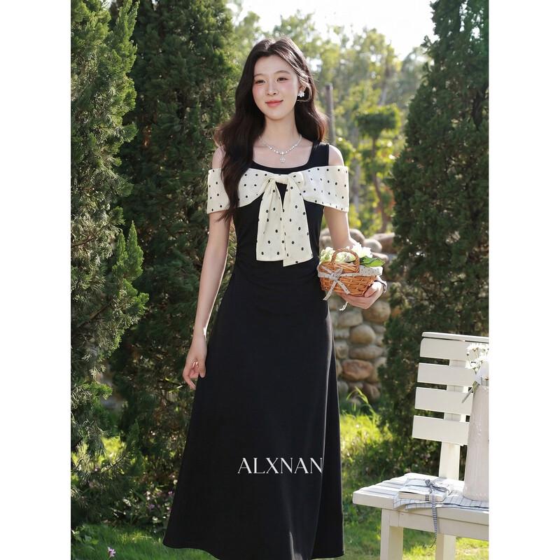 French Polka Dot Bow Off-Shoulder Summer Dress S