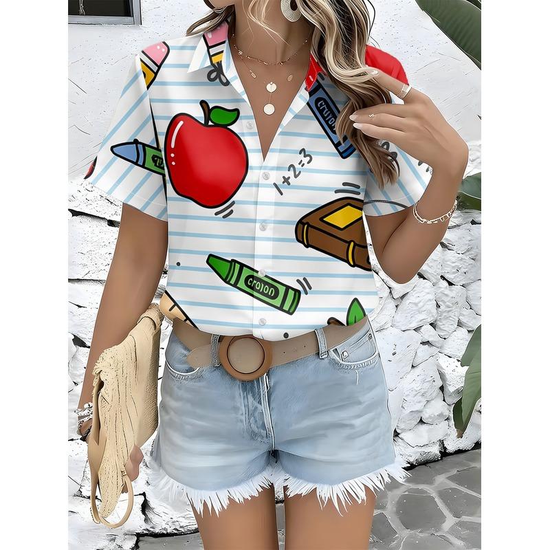 Women's Collar Shirt Short Sleeve Button Up Blouse Full Body Apple Print Machine Washable Casual Office Spring Summer Top