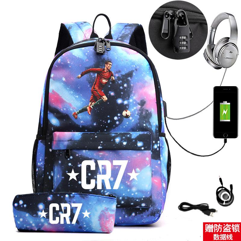 Star Peripheral Printing Cr7 Schoolbag Leisure Travel Multi-Functional Backpack Student Pencil Case Two-Piece Set