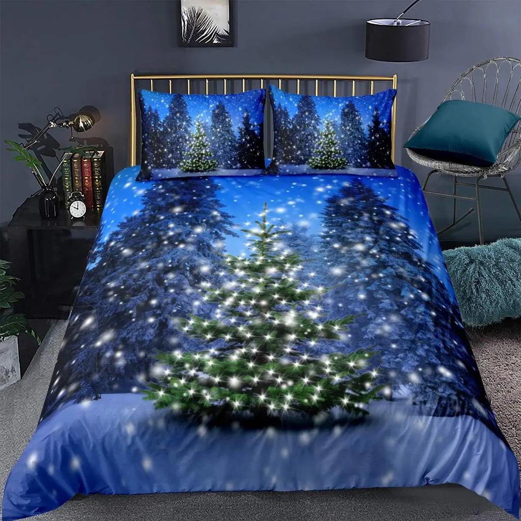 Christmas Tree Duvet Cover set Santa Claus Christmas Night Scene Decor Comforter Cover for Family Merry Christmas Theme Decor